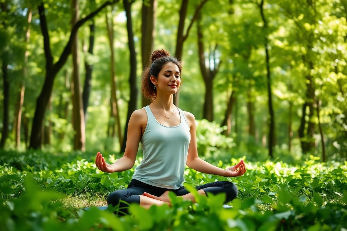 Woman meditating in lush forest